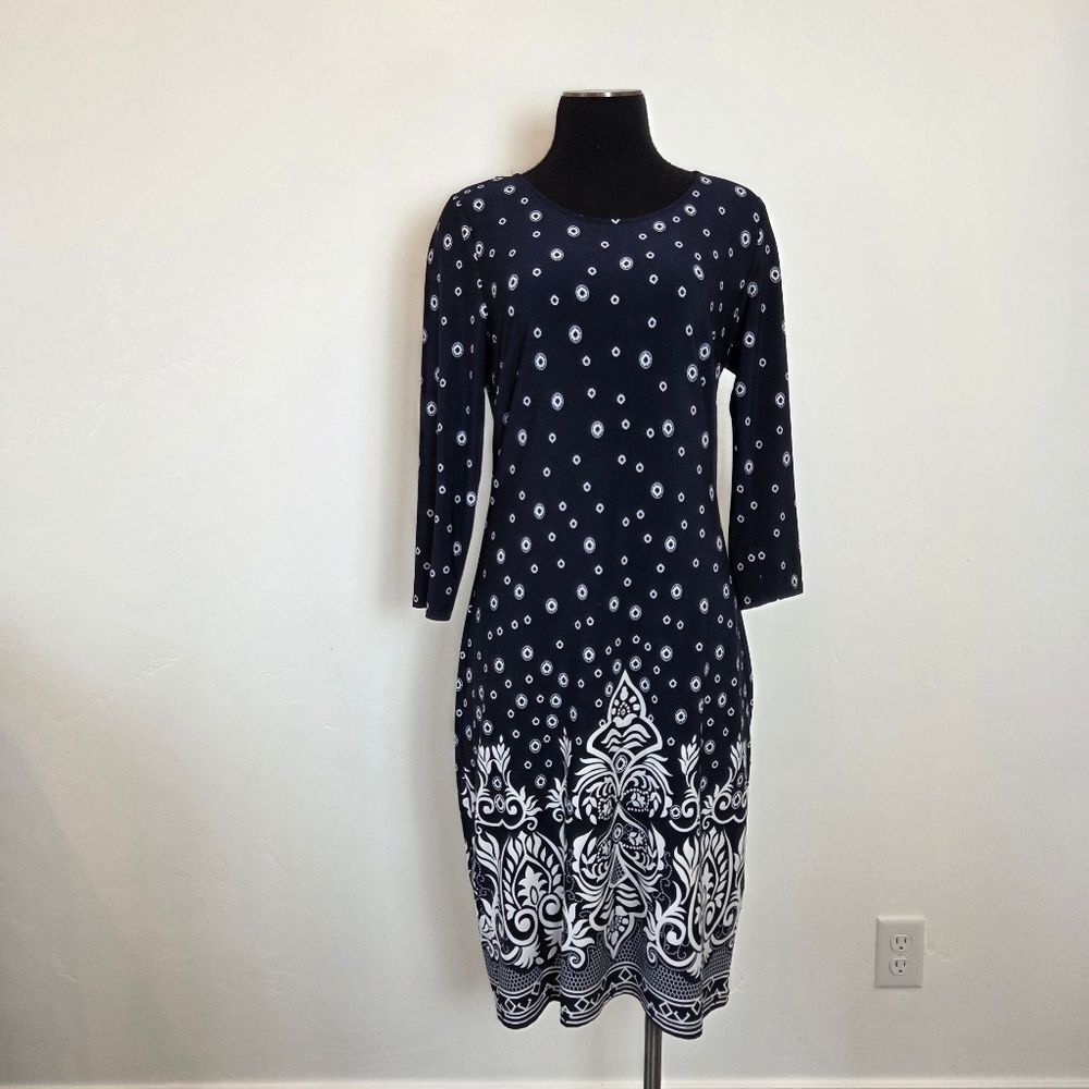 Navy Blue Batik Print Midi Dress Paisley Classic Modest Church School Teacher 6